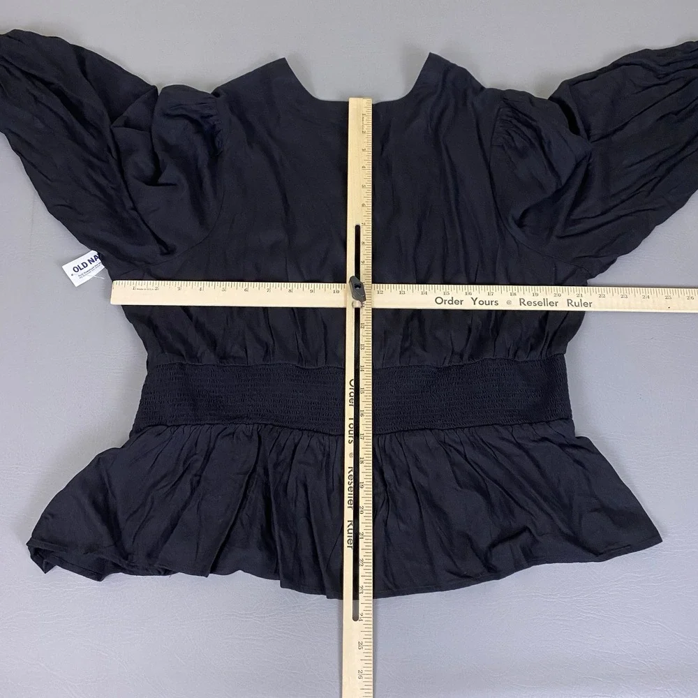 Old Navy Blouse Top Women's XXL‎ Black Smocked V-Neck Puff Sleeve Peplum New NWT